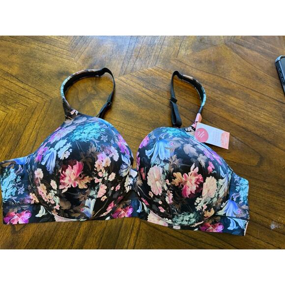 Cacique Lightly Lined Plunge Bra 46C– Black Floral Print NWT - Picture 1 of 7